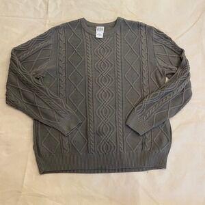 VTG John Blair Mens Classic Cable Knit Cotton Crewneck Sweater L Gray/Green